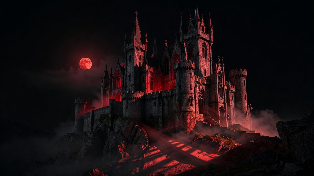 Ancient gothic castle illuminated by crimson moonlight against a dark night sky