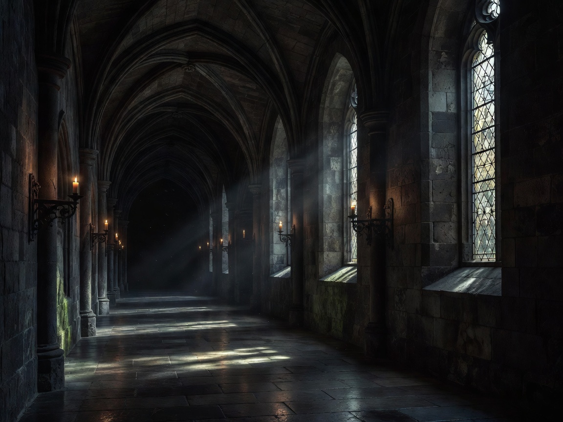 Dark elegant interior resembling a gothic castle hallway